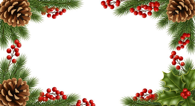 Christmas frame border made of evergreen branches, pine cones, red berries, and holly leaves
