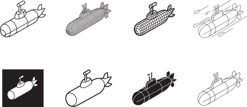 Isometric submarine icons set underwater vehicle torpedo defense water transport illustration