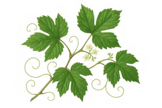 Jiaogulan plant branch with green leaves, tendrils, and white flowers on transparent background for herbal medicine designs