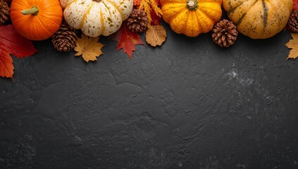 Autumnal Still Life with Pumpkins, Pine Cones, and Colorful Foliage Arrangement.