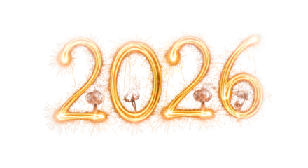 Sparkling golden numbers 2026 formed with bright fireworks and light trails isolated on transparent background