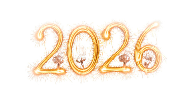 Sparkling golden numbers 2026 formed with bright fireworks and light trails isolated on transparent background