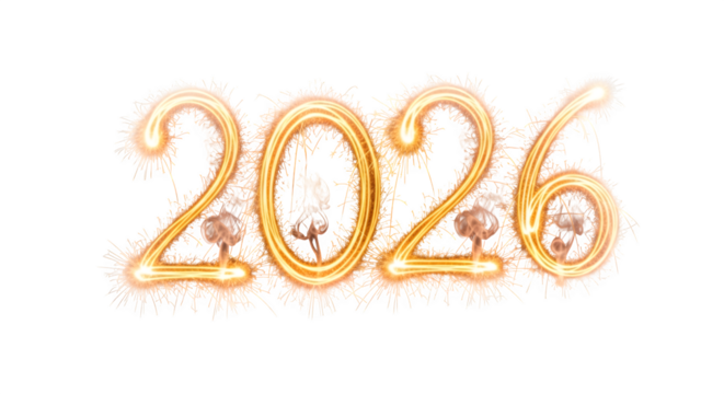Sparkling golden numbers 2026 formed with bright fireworks and light trails isolated on transparent background