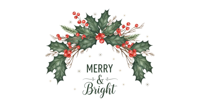 Merry and bright christmas garland with holly and berries