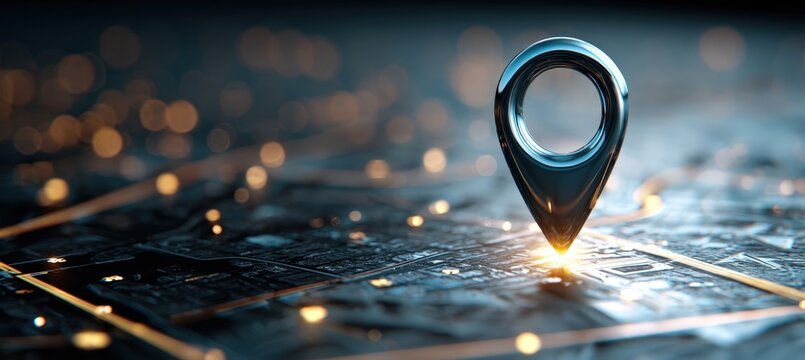 Digital Location Pin in Augmented Reality Over Smartphone Map in Futuristic Urban Setting - Powered by Adobe