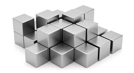 An abstract arrangement of gleaming, brushed metallic silver cubes, precisely stacked and interconnected, forming a dynamic three-dimensional geometric structure against a clean, brilliant white backg