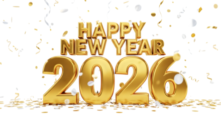 Golden happy new year 2026 text and numbers with falling confetti isolated on transparent background