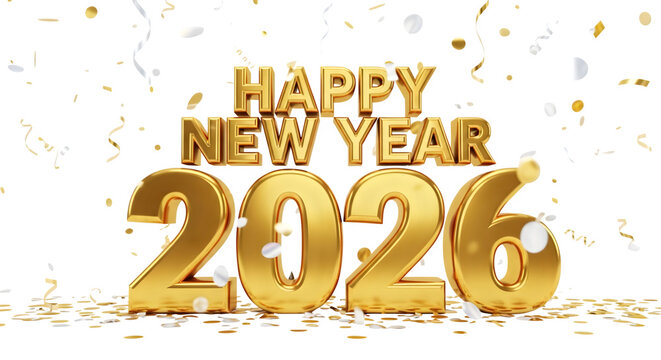 Golden happy new year 2026 text and numbers with falling confetti isolated on transparent background - Powered by Adobe