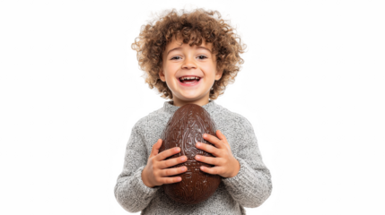 Happy young boy holding a large chocolate Easter egg smiling with excitement isolated on white background