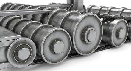  Close-up of industrial conveyor rollers and chain on a white background, highlighting precision engineering and automated manufacturing.