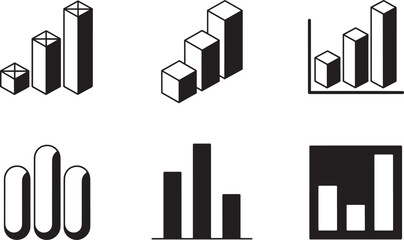 Six bar chart graph icons illustrating data analysis statistical growth performance reports and business metrics