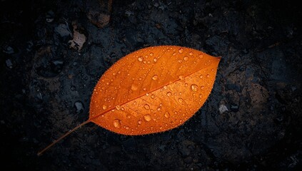 Autumnal Stillness. An Orange Leaf Adorned with Dew on a Dark, Textured Surface.