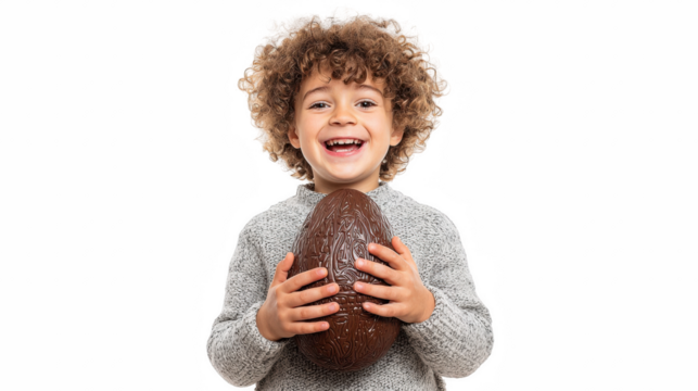 Happy young boy holding a large chocolate Easter egg smiling with excitement isolated on white background