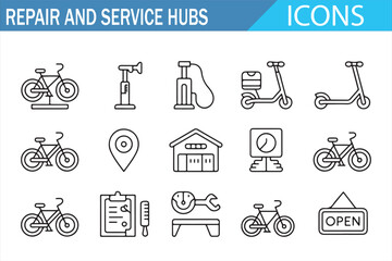Bicycle repair and scooter service icons pack for urban mobility themes