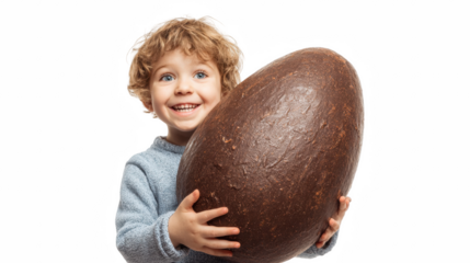Happy young boy holding a giant chocolate Easter egg smiling with excitement isolated on white background