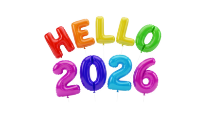 Colorful helium balloons forming the word hello and the year 2026 isolated on transparent background