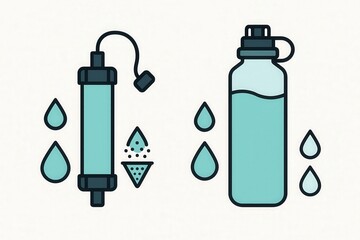 Water filtration system illustration featuring a compact filter and eco-friendly bottle design with drops of water highlighting essential hydration technology captured with clarity
