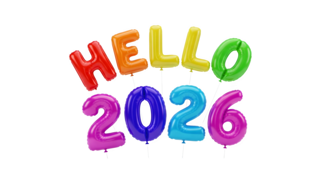 Colorful helium balloons forming the word hello and the year 2026 isolated on transparent background