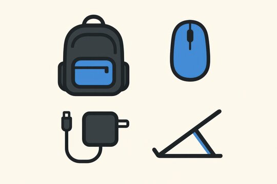 Essential digital workspace items including a stylish blue backpack computer mouse charger and stand reflecting modern productivity design and ergonomic principles