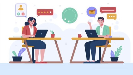 Customer service team providing support with laptops in a bright office environment, engaging with customers and receiving positive feedback - Powered by Adobe