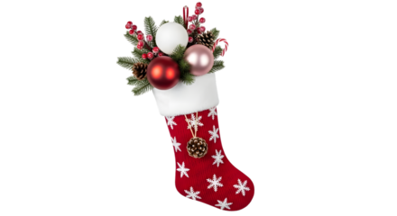 Christmas stocking filled with ornaments and pine branches