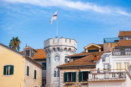Sahat kula clock tower architectural heritage and city symbol on sunny day, Herceg Novi, Montenegro