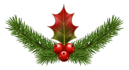 Christmas fir branch with holly and red berries