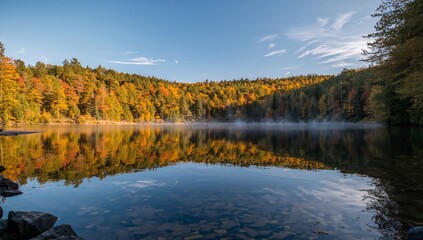 Obraz premium Autumns Embrace. Forest Reflections on a Tranquil Lake Surface, a Vivid Colorful Vista.