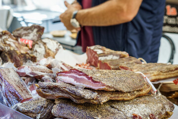 Panceta, also known as bacon, is a meat product comprising the skin and layers under the skin of the pig.