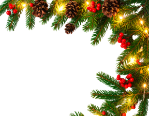 Marco navideño hiperrealista con ramas de pino frescas, bayas rojas brillantes, piñas naturales y luces LED cálidas y delicadas. PNG