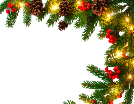 Marco navideño hiperrealista con ramas de pino frescas, bayas rojas brillantes, piñas naturales y luces LED cálidas y delicadas. PNG