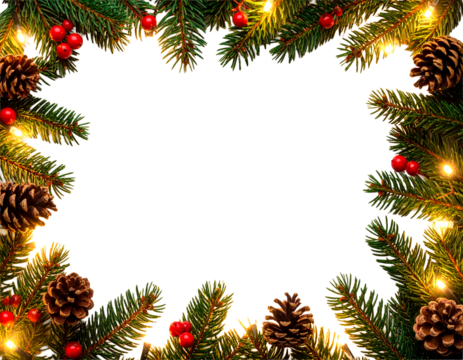 Marco navideño hiperrealista con ramas de pino frescas, bayas rojas brillantes, piñas naturales y luces LED cálidas y delicadas. PNG