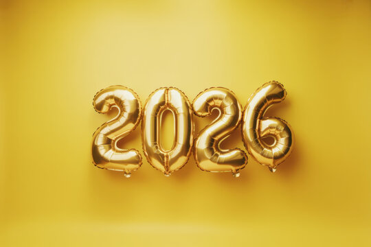 Gold 2026 Balloon Numbers on Yellow Background
