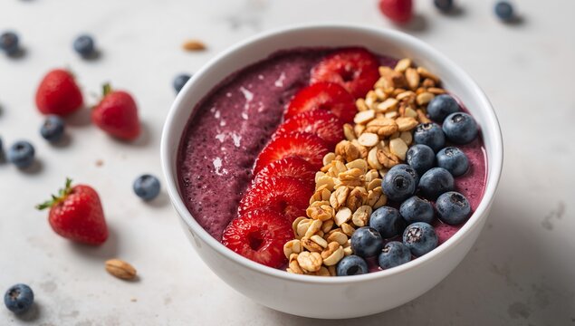 Berry Delight. A Colorful Composition of Smoothies, Strawberries, Granola, and Blueberries.