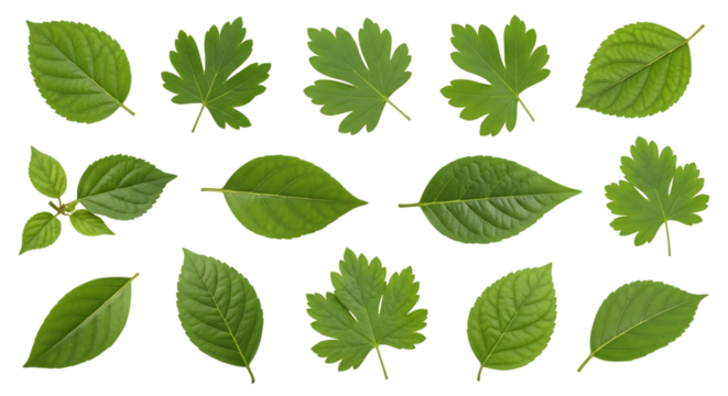 Collection of various green plant leaves, detailed veins and serrated edges, isolated on white or transparent background, AI