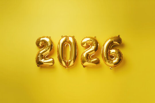 Gold 2026 Balloon Numbers on Yellow Background

