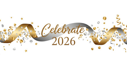 Elegant golden and silver ribbon with confetti and the year 2026 celebrating a special event isolated on transparent background