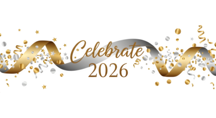 Elegant golden and silver ribbon with confetti and the year 2026 celebrating a special event isolated on transparent background
