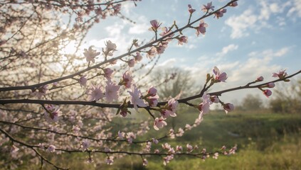 Obraz premium Blossoms at Dawn. Delicate Pink Petals in the Soft Morning Light, A Springtime Dream.