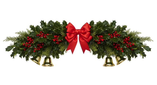 A festive christmas garland with green fir branches, red berries, golden bells, and a large red bow