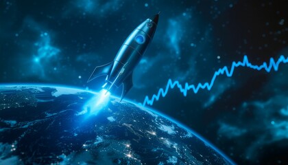 Fototapeta premium A futuristic rocket ship soaring above the Earth, with a rising financial graph overlayed, representing growth and innovation
