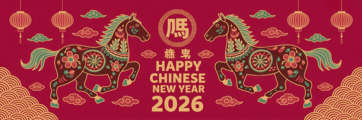 Obraz premium Happy Chinese New Year 2026. Gold horse zodiac and lanterns, cloud on red background. Card design invitation or greeting. Lunar calendar animal. Translation Happy new year, Year of the horse. Vector.