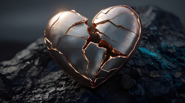 A metallic, cracked heart rests on dark rock. Golden seams highlight the fracture