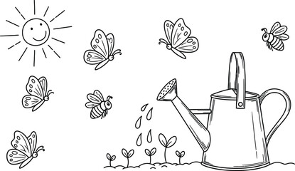 Doodle sketch of spring garden elements butterflies, bees, watering can, sprouts, and sunshine, fresh line vector