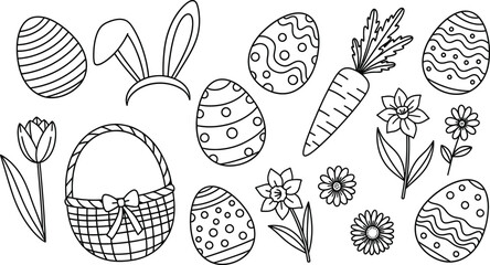 Easter holiday doodles eggs, bunny ears, carrots, basket, and spring flowers, cute black outline vector