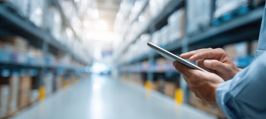 Logistics Manager Using Tablet in Warehouse Aisle with Blurred Shelves Background