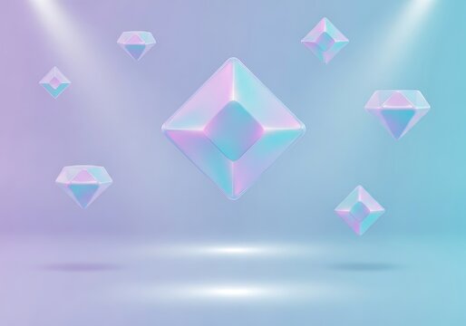 Abstract 3d geometric shapes with iridescent pastel colors floating in a softly lit studio environment