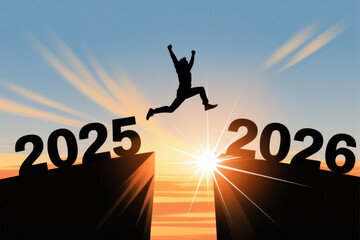Welcome merry Christmas and happy new year in 2026,Silhouette Man jumping from 2025 cliff to 2026 cliff with cloud sky and sunlight.
