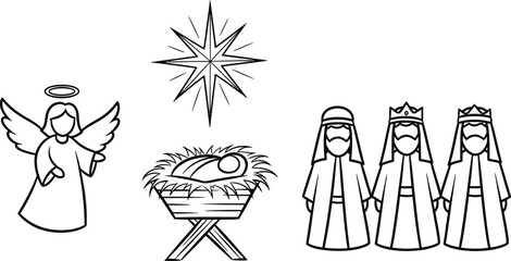 Doodle sketch of nativity scene symbols star, angel, manger, and three wise men icons, simple line art