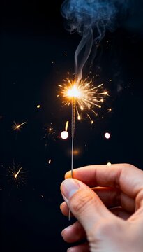 Close-up of hand holding sparker emitting bright sparks and smoke against dark background, festive celebration, fireworks, fireworks display